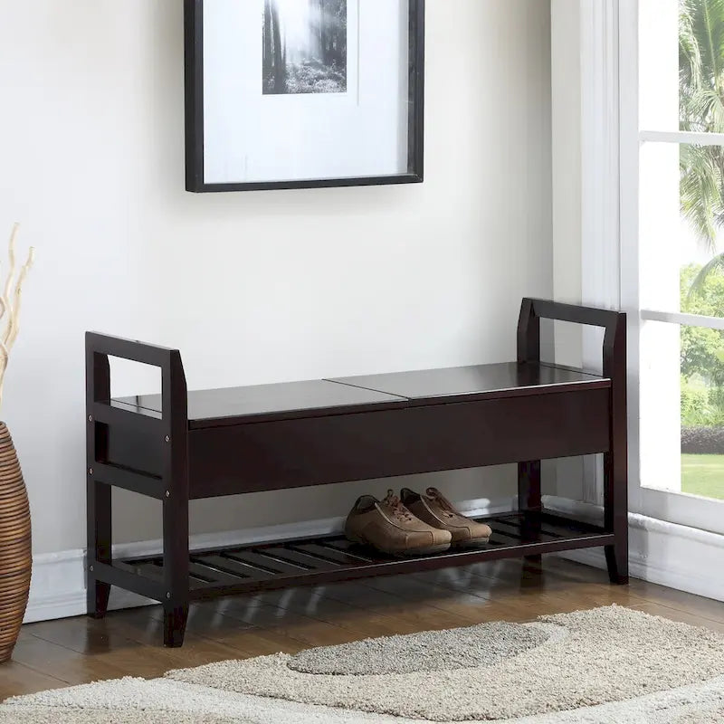 Banc à chaussures d'entrée en bois marron expresso avec sièges rembourrés et rangement