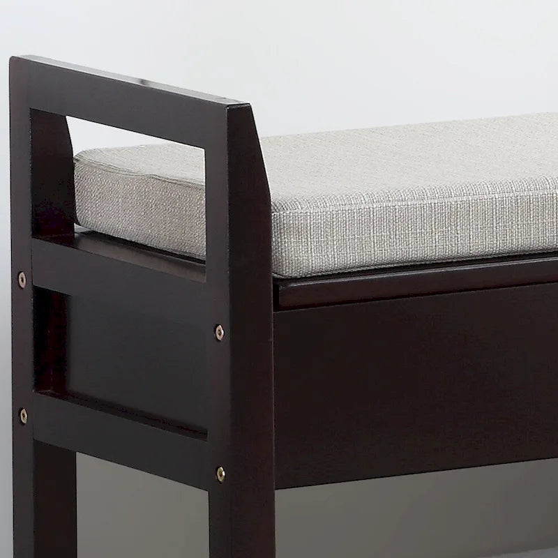 Banc à chaussures d'entrée en bois marron expresso avec sièges rembourrés et rangement