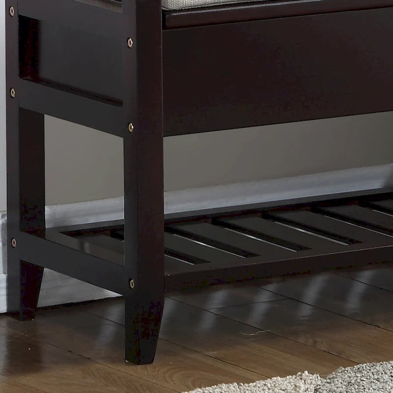 Banc à chaussures d'entrée en bois marron expresso avec sièges rembourrés et rangement