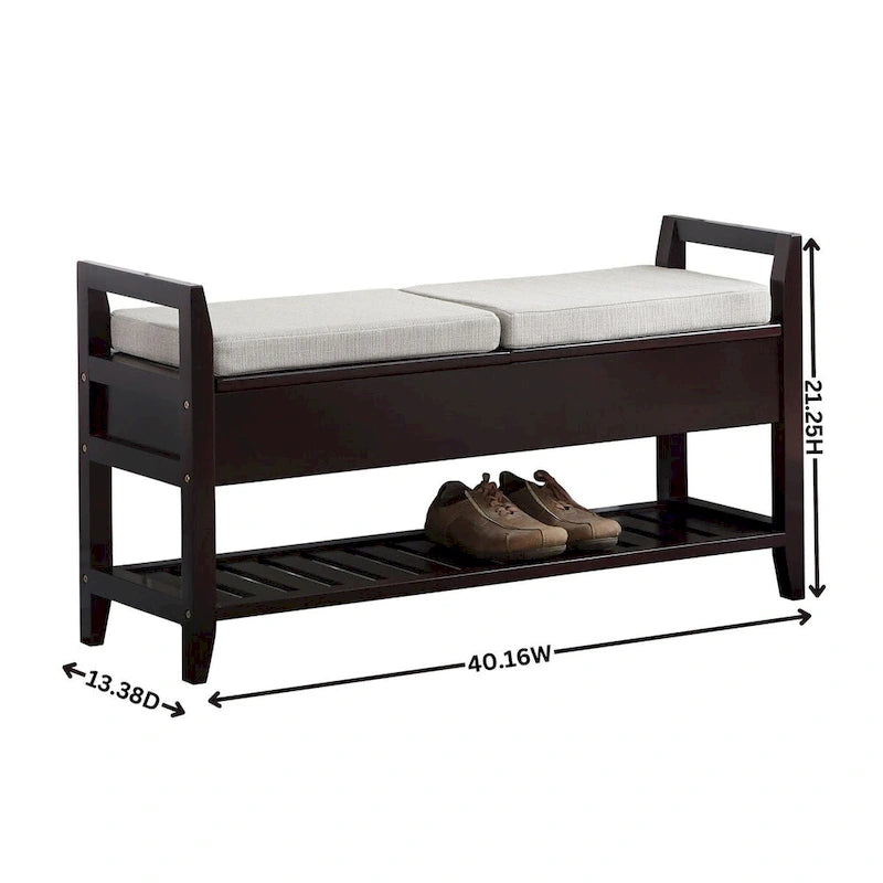 Banc à chaussures d'entrée en bois marron expresso avec sièges rembourrés et rangement
