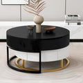 Table basse ronde relevable avec 2 tiroirs et base en métal doré