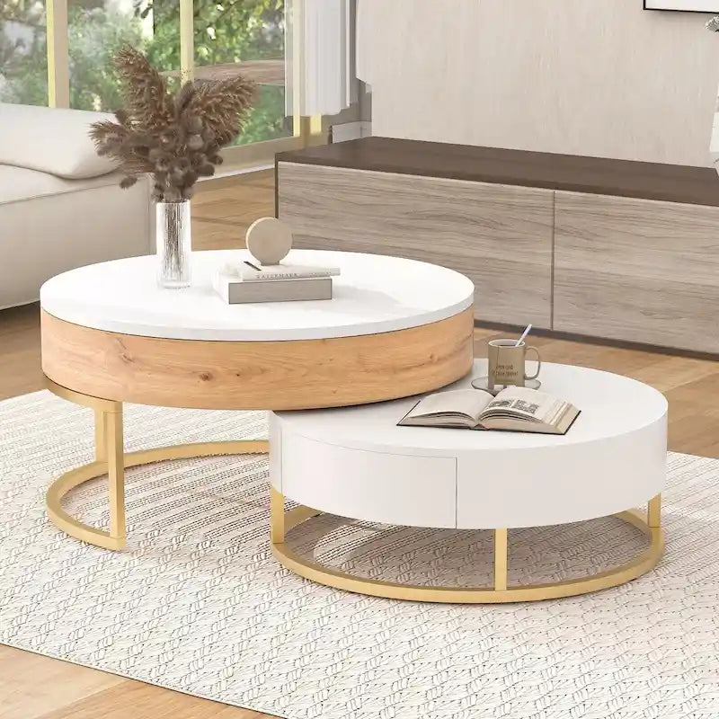 Table basse ronde relevable avec 2 tiroirs et base en métal doré