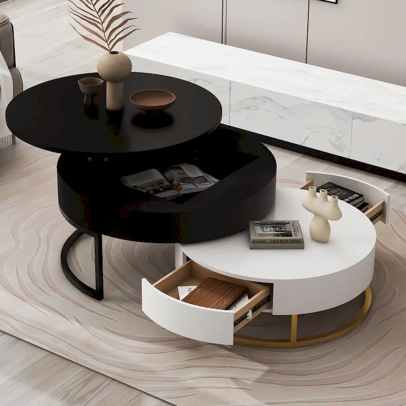 Table basse ronde relevable avec 2 tiroirs et base en métal doré