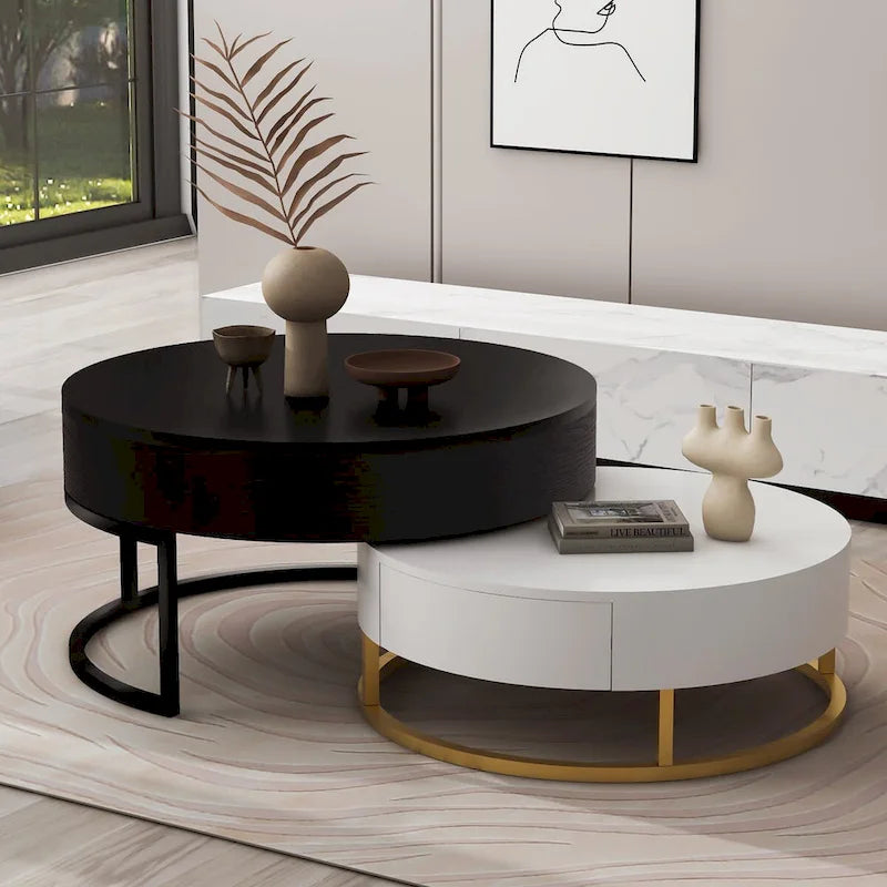 Table basse ronde relevable avec 2 tiroirs et base en métal doré