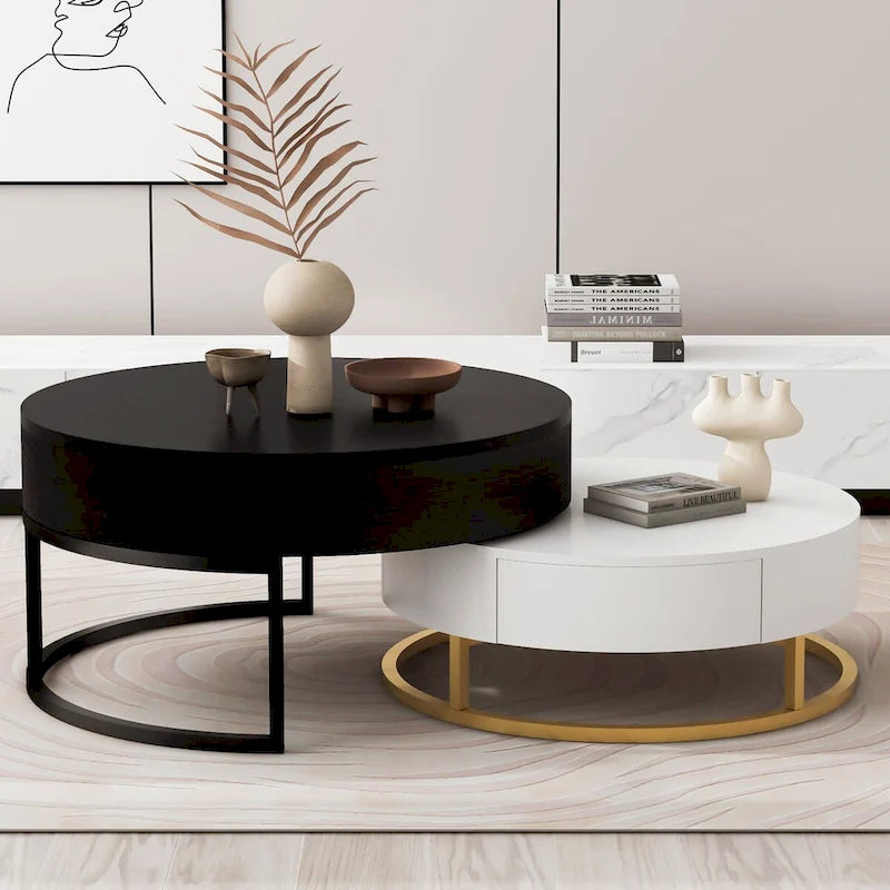 Table basse ronde relevable avec 2 tiroirs et base en métal doré