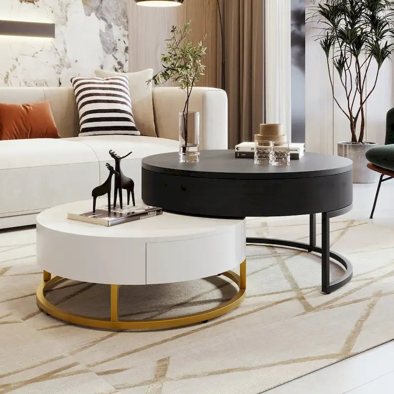 Table basse ronde relevable avec 2 tiroirs et base en métal doré