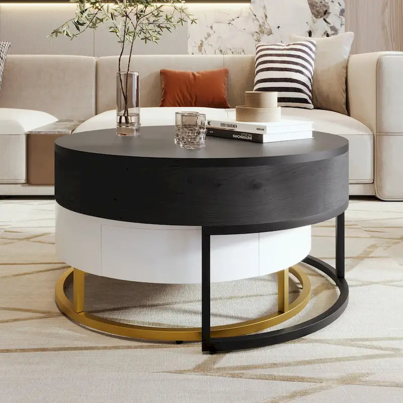 Table basse ronde relevable avec 2 tiroirs et base en métal doré