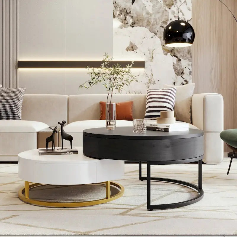 Table basse ronde relevable avec 2 tiroirs et base en métal doré
