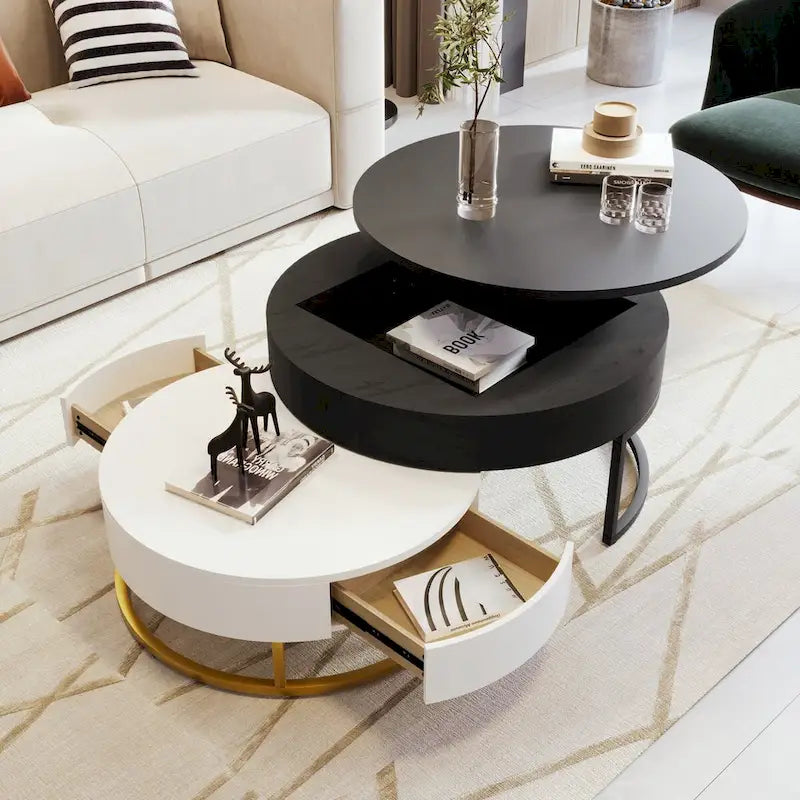Table basse ronde relevable avec 2 tiroirs et base en métal doré