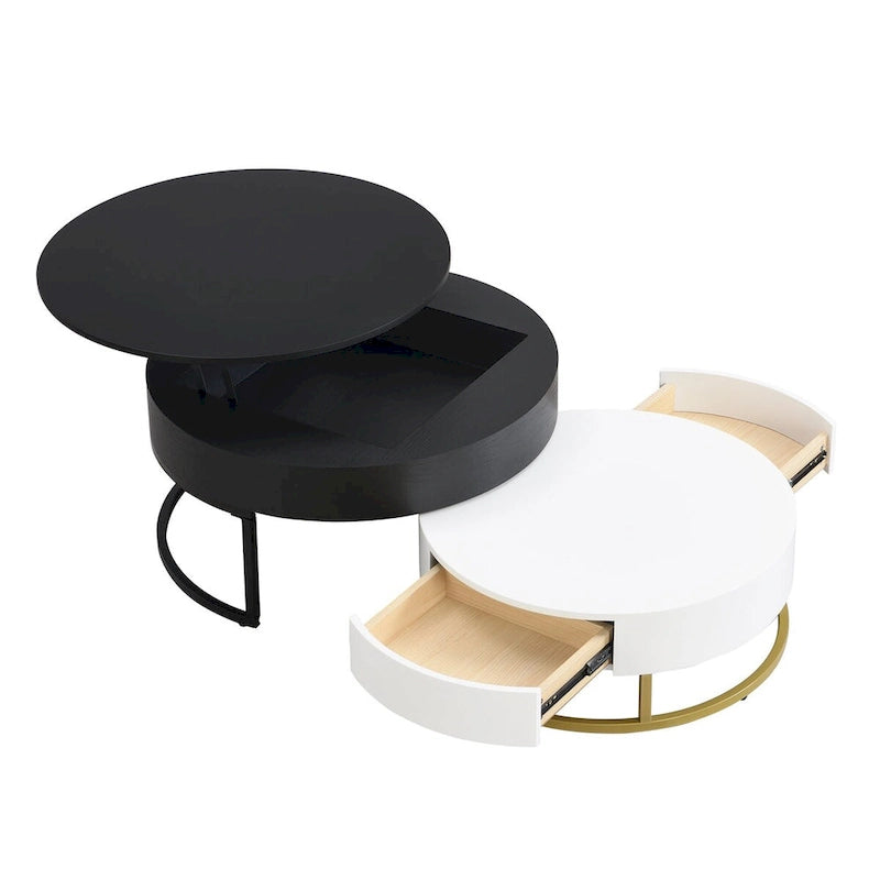 Table basse ronde relevable avec 2 tiroirs et base en métal doré