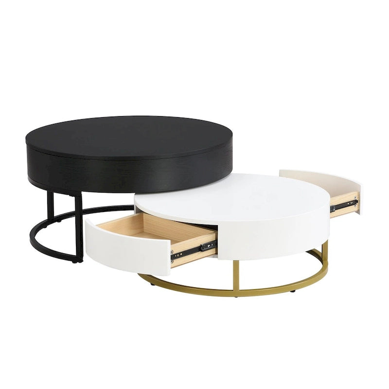 Table basse ronde relevable avec 2 tiroirs et base en métal doré