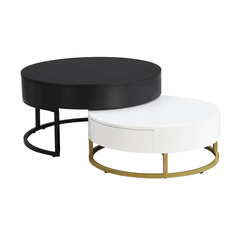 Table basse ronde relevable avec 2 tiroirs et base en métal doré