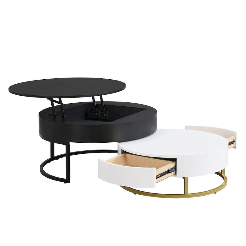 Table basse ronde relevable avec 2 tiroirs et base en métal doré