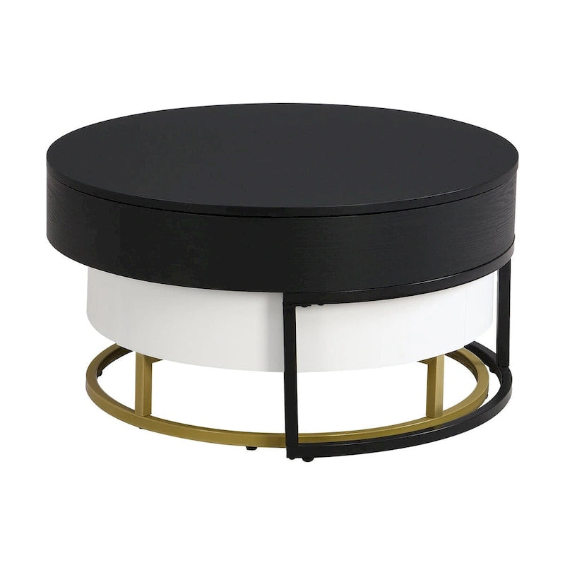 Table basse ronde relevable avec 2 tiroirs et base en métal doré