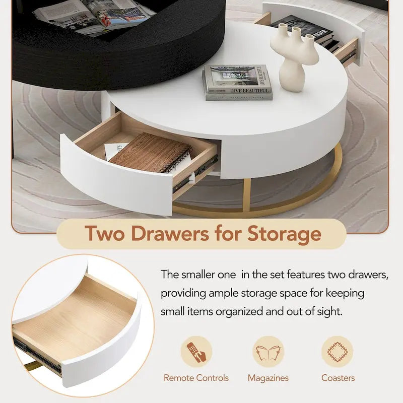 Table basse ronde relevable avec 2 tiroirs et base en métal doré