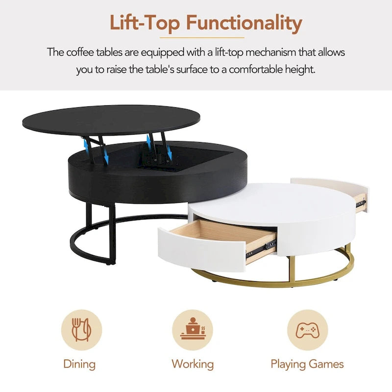 Table basse ronde relevable avec 2 tiroirs et base en métal doré