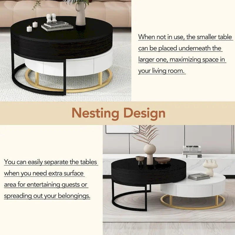 Table basse ronde relevable avec 2 tiroirs et base en métal doré