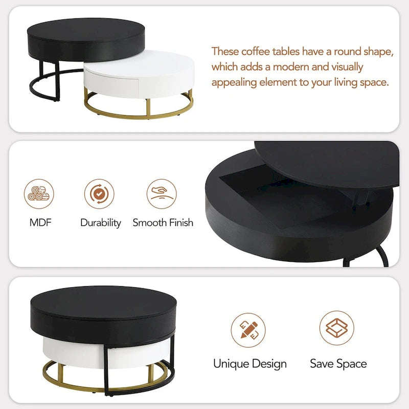 Table basse ronde relevable avec 2 tiroirs et base en métal doré