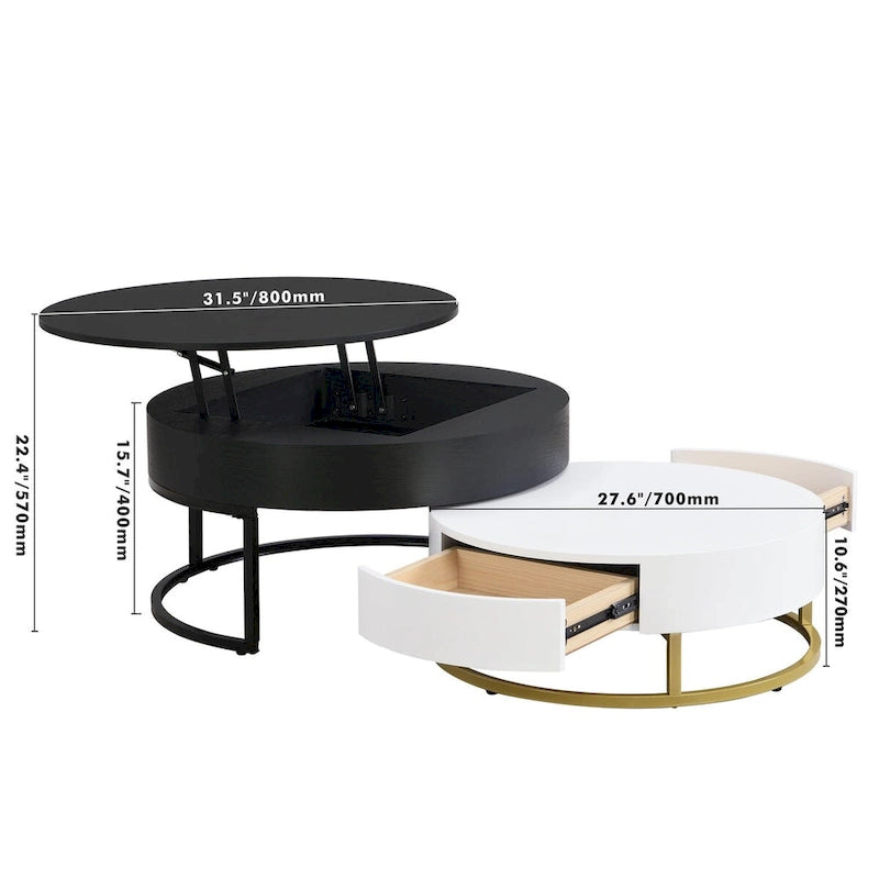 Table basse ronde relevable avec 2 tiroirs et base en métal doré