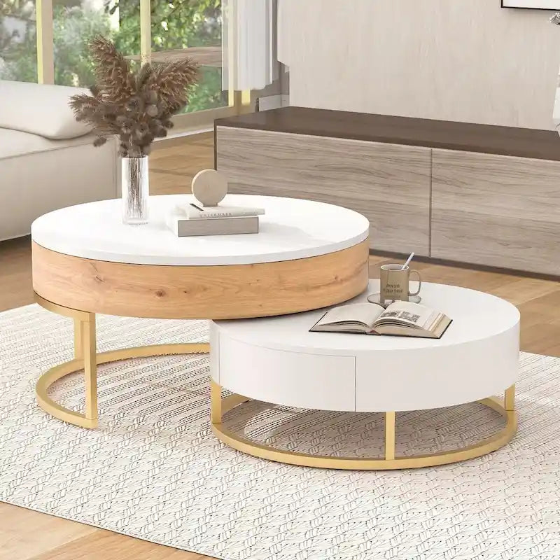 Table basse ronde relevable avec 2 tiroirs et base en métal doré