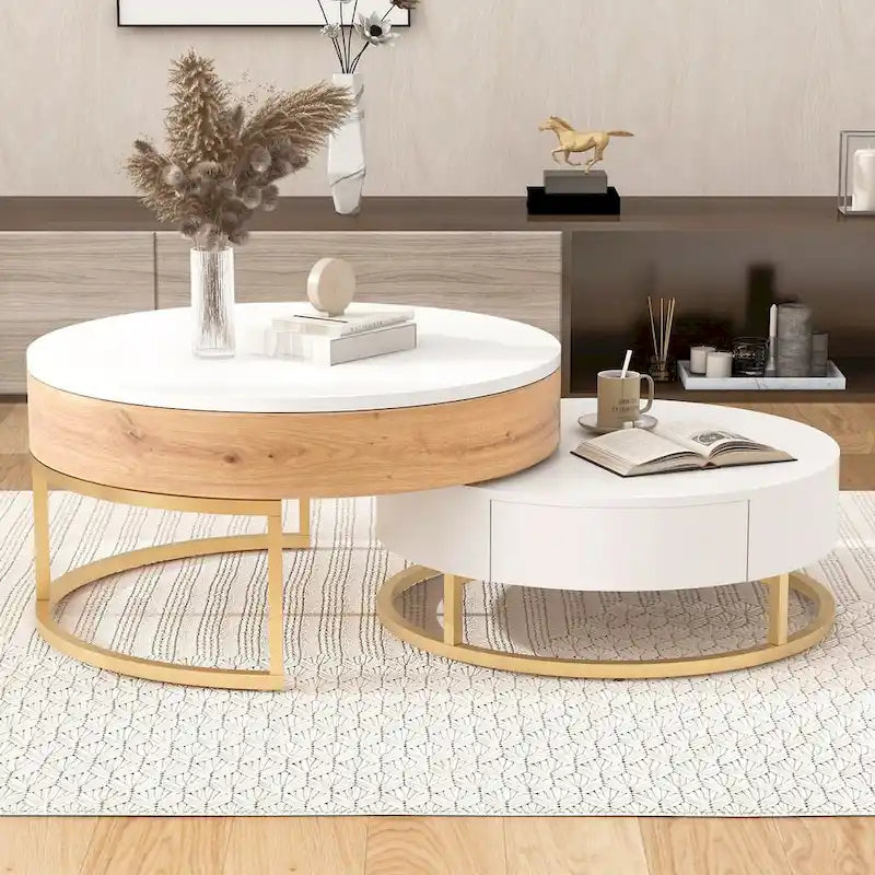 Table basse ronde relevable avec 2 tiroirs et base en métal doré
