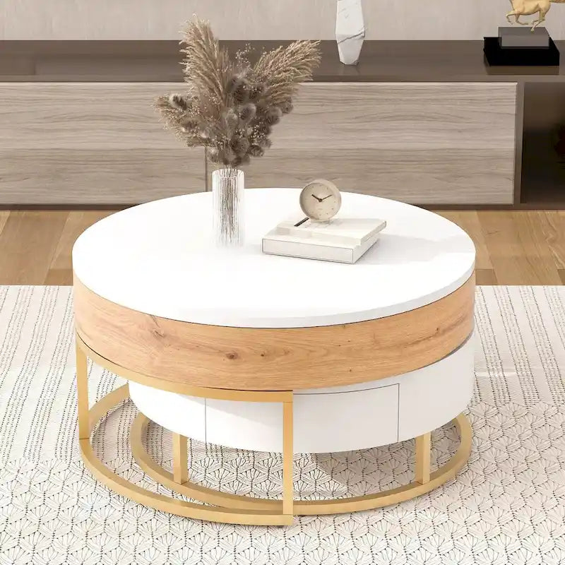 Table basse ronde relevable avec 2 tiroirs et base en métal doré
