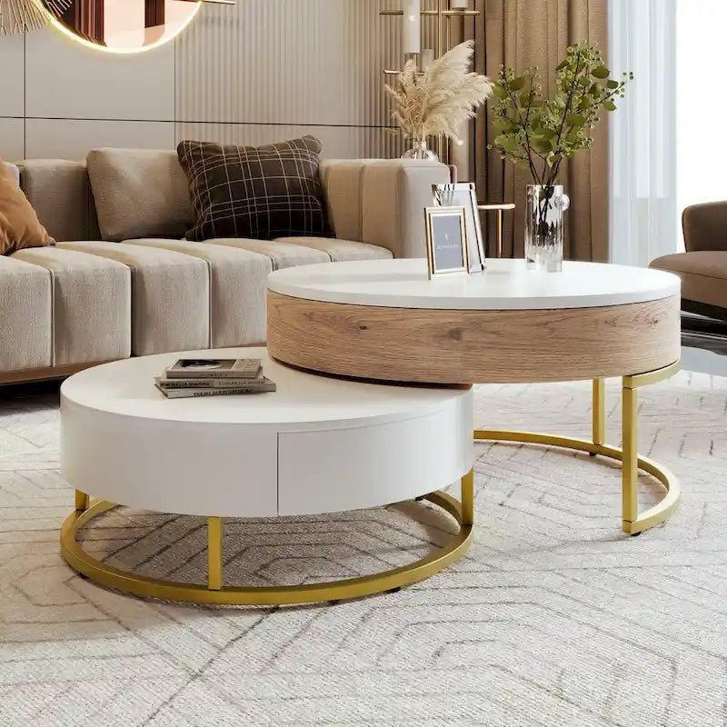 Table basse ronde relevable avec 2 tiroirs et base en métal doré