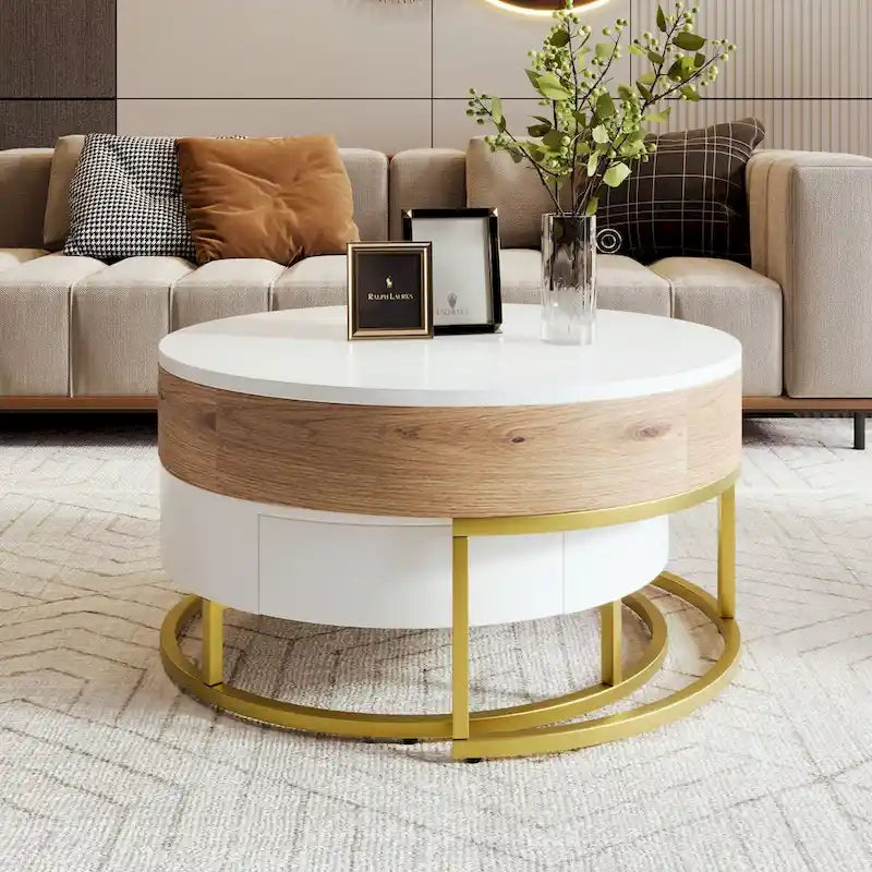 Table basse ronde relevable avec 2 tiroirs et base en métal doré