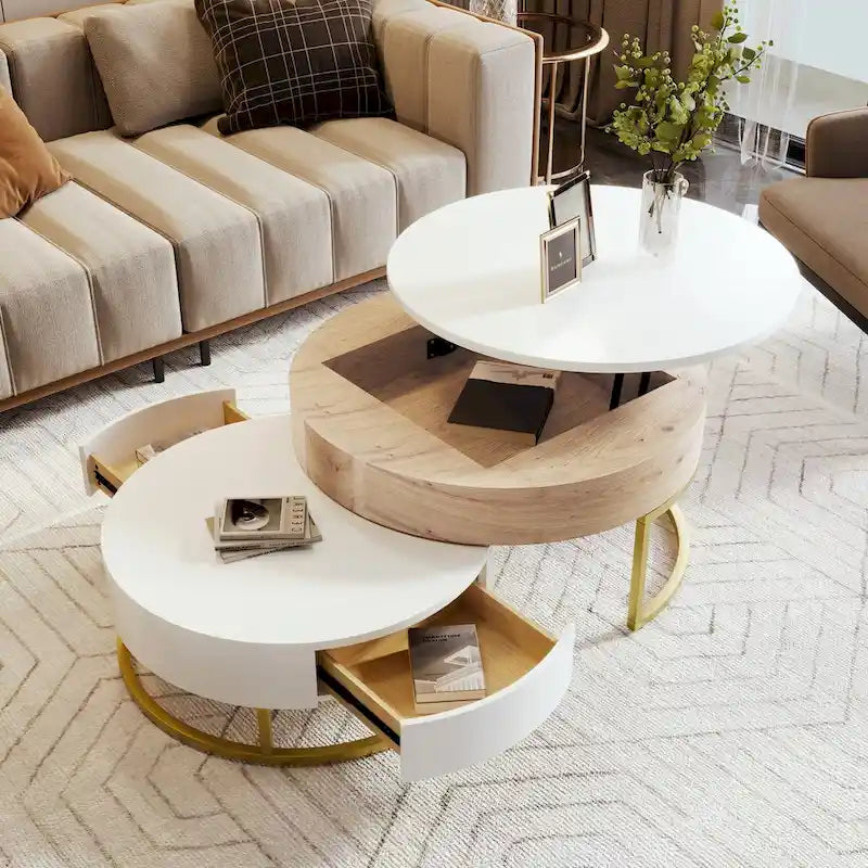 Table basse ronde relevable avec 2 tiroirs et base en métal doré