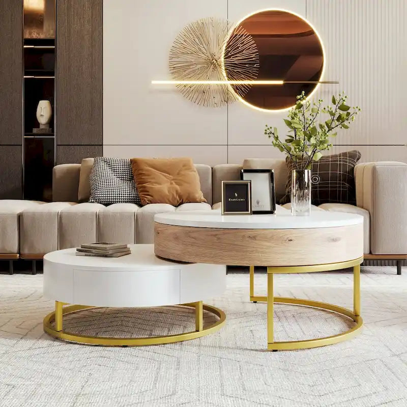 Table basse ronde relevable avec 2 tiroirs et base en métal doré