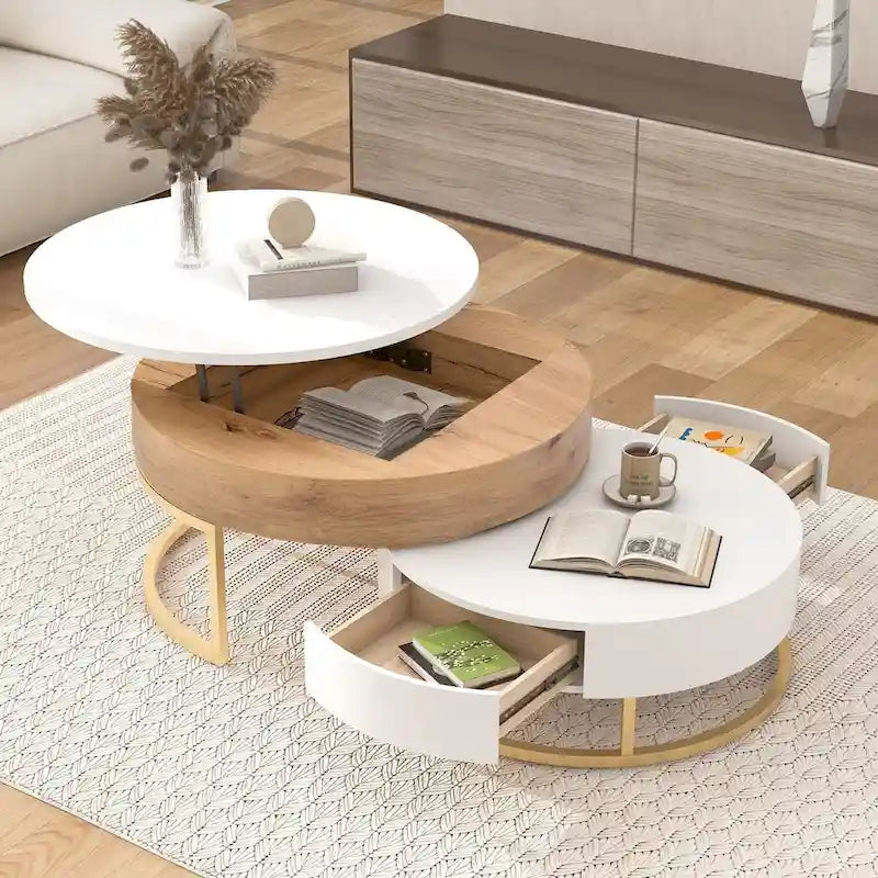 Table basse ronde relevable avec 2 tiroirs et base en métal doré