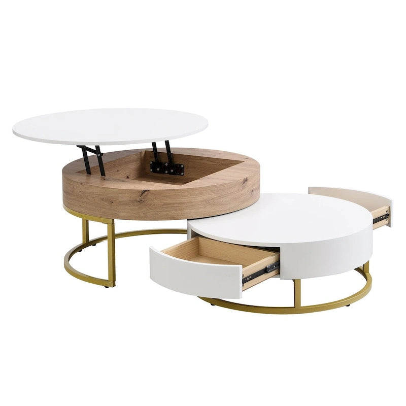 Table basse ronde relevable avec 2 tiroirs et base en métal doré