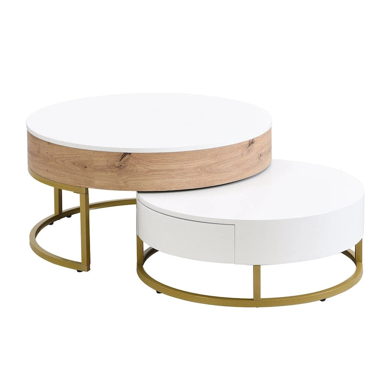 Table basse ronde relevable avec 2 tiroirs et base en métal doré