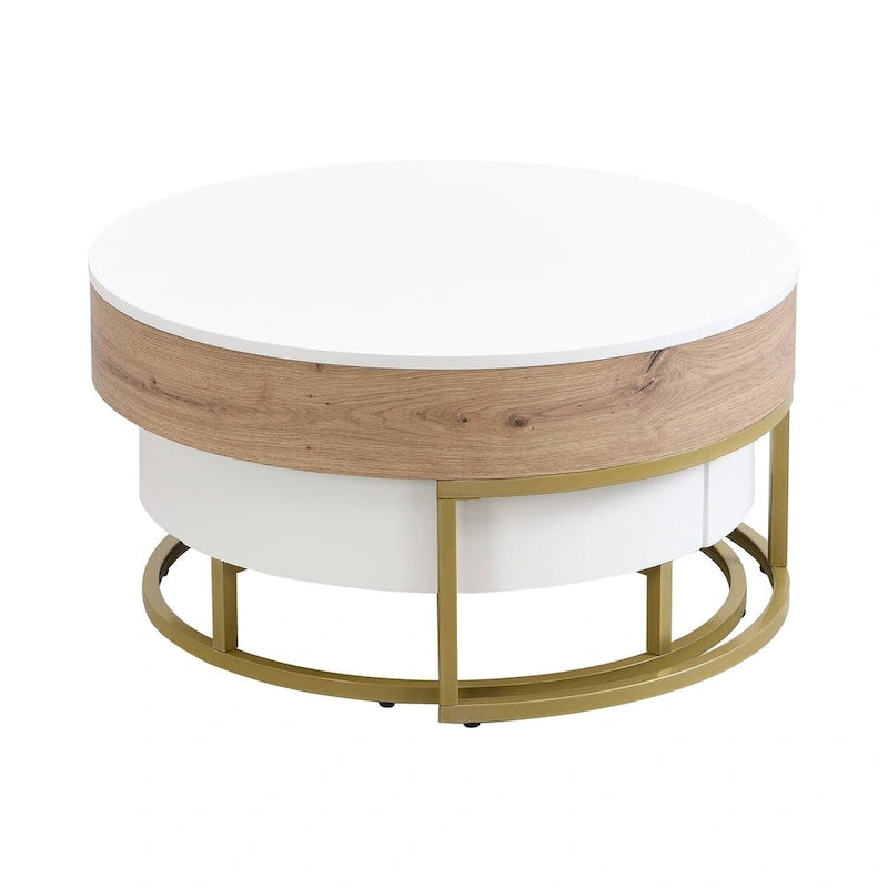 Table basse ronde relevable avec 2 tiroirs et base en métal doré