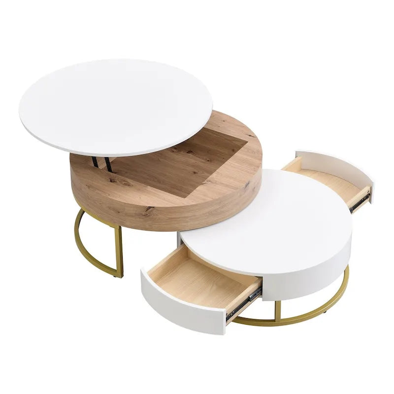 Table basse ronde relevable avec 2 tiroirs et base en métal doré