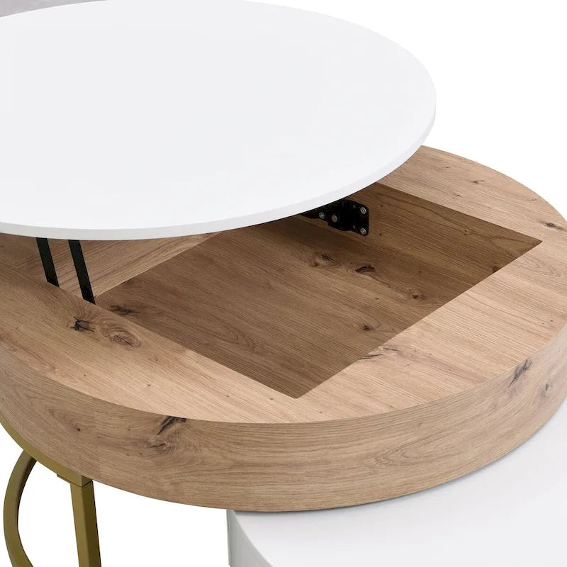 Table basse ronde relevable avec 2 tiroirs et base en métal doré