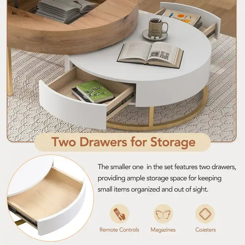 Table basse ronde relevable avec 2 tiroirs et base en métal doré