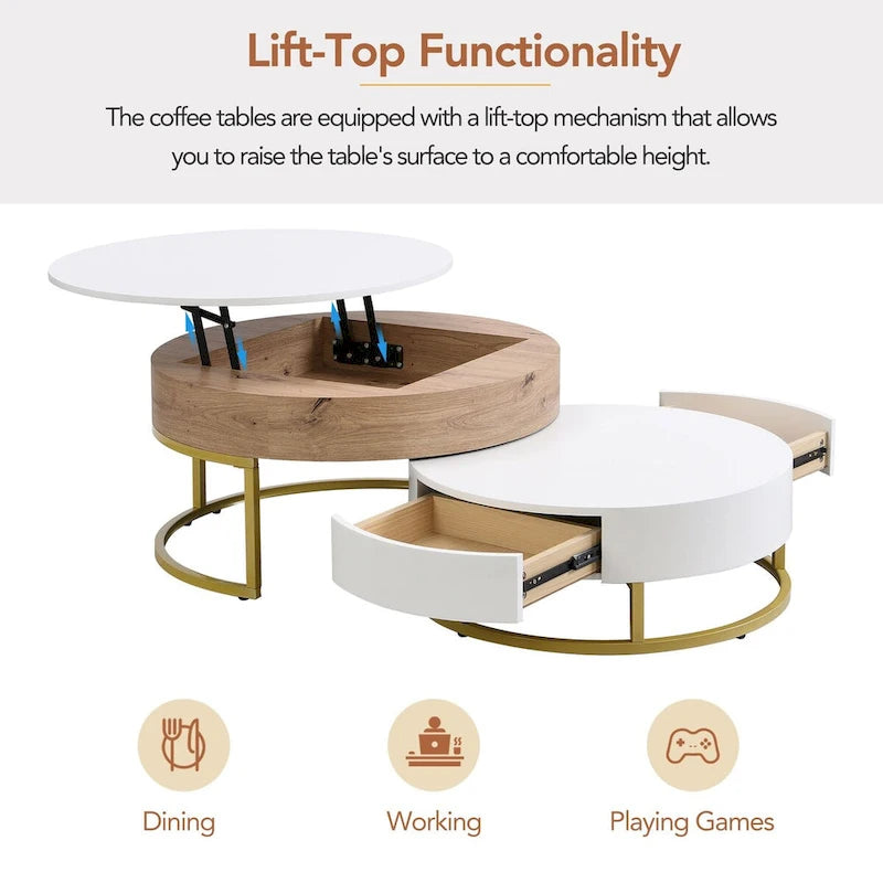 Table basse ronde relevable avec 2 tiroirs et base en métal doré
