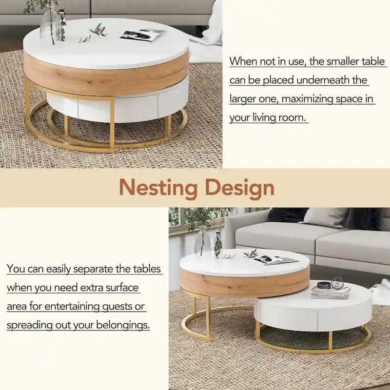 Table basse ronde relevable avec 2 tiroirs et base en métal doré