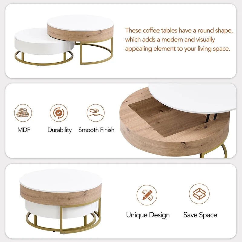 Table basse ronde relevable avec 2 tiroirs et base en métal doré