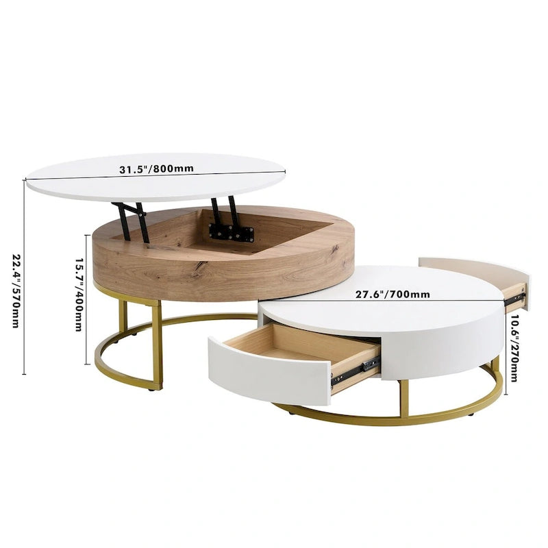 Table basse ronde relevable avec 2 tiroirs et base en métal doré