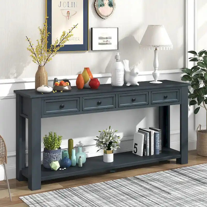 Console en bois massif avec 4 tiroirs et étagère de rangement inférieure