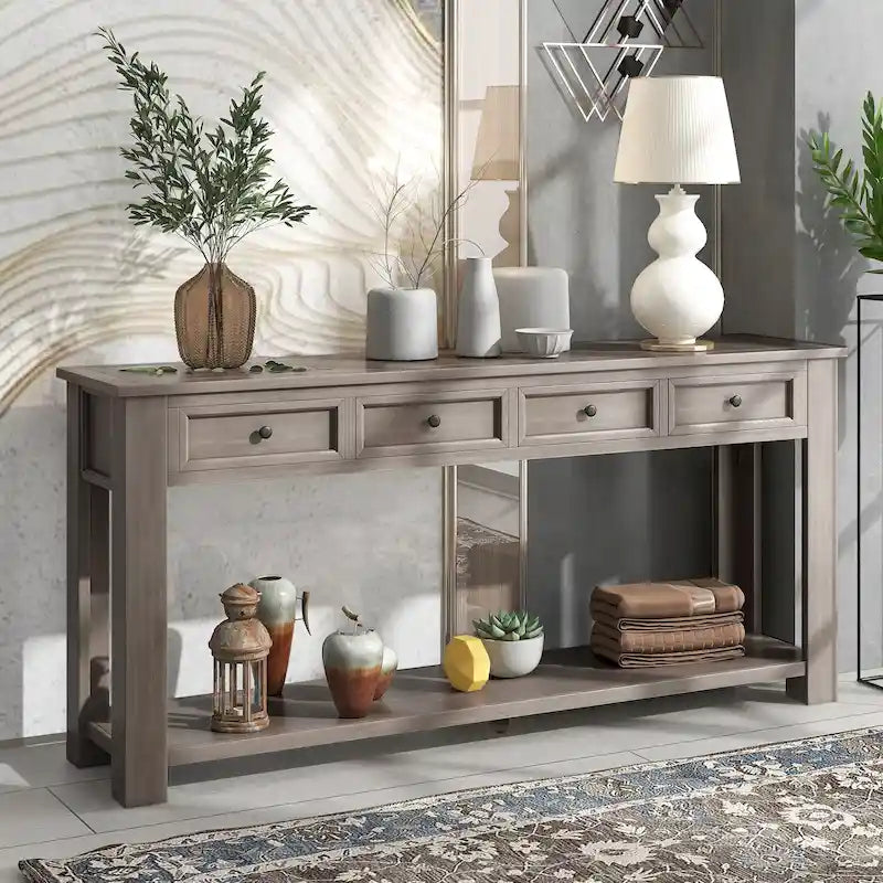 Console en bois massif avec 4 tiroirs et étagère de rangement inférieure