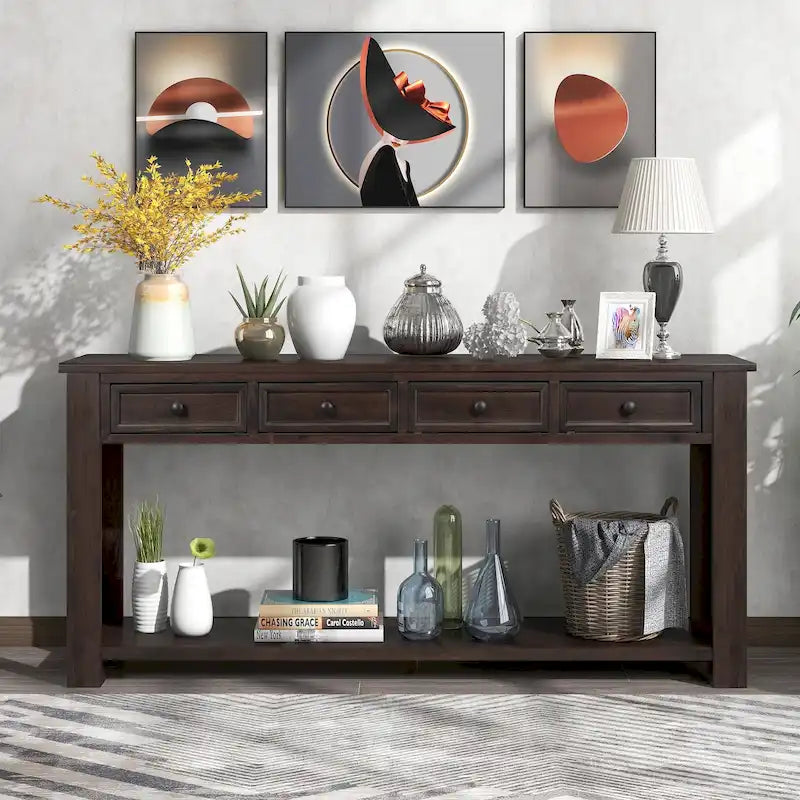 Console en bois massif avec 4 tiroirs et étagère de rangement inférieure