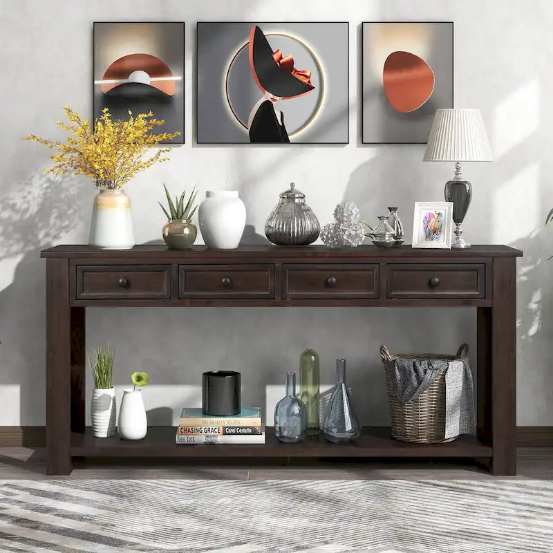 Console en bois massif avec 4 tiroirs et étagère de rangement inférieure
