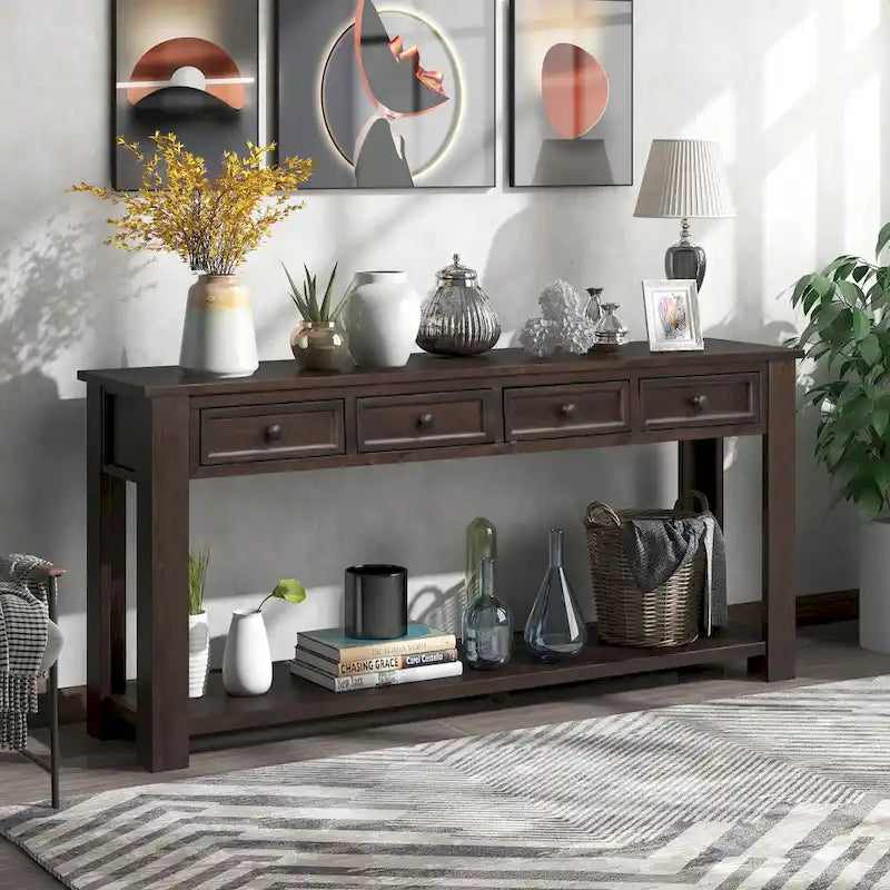 Console en bois massif avec 4 tiroirs et étagère de rangement inférieure