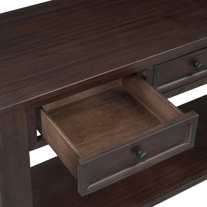 Console en bois massif avec 4 tiroirs et étagère de rangement inférieure