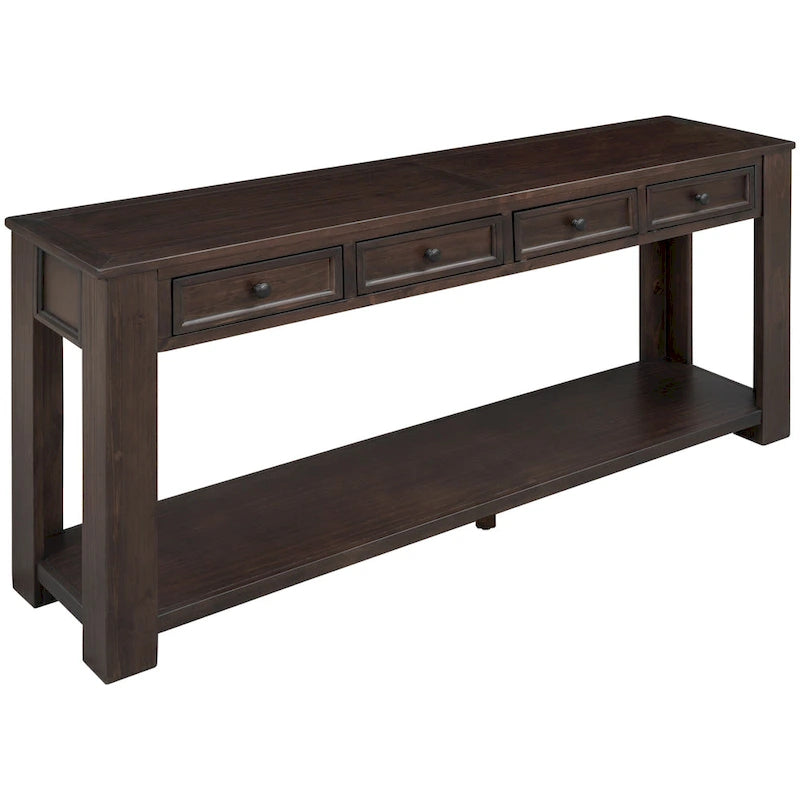 Console en bois massif avec 4 tiroirs et étagère de rangement inférieure