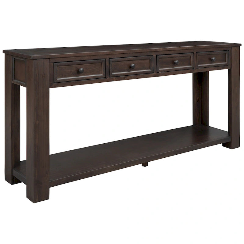 Console en bois massif avec 4 tiroirs et étagère de rangement inférieure