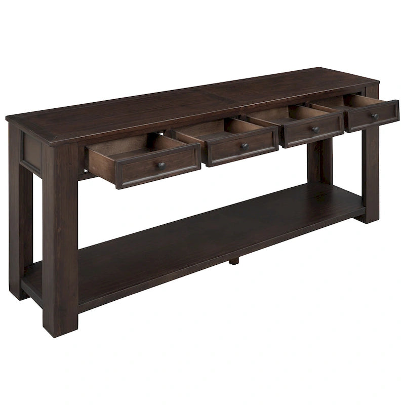 Console en bois massif avec 4 tiroirs et étagère de rangement inférieure